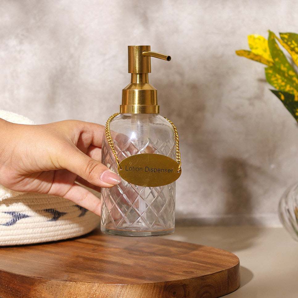 Checker Glass and Brass Lotion Dispenser - Clear Gold