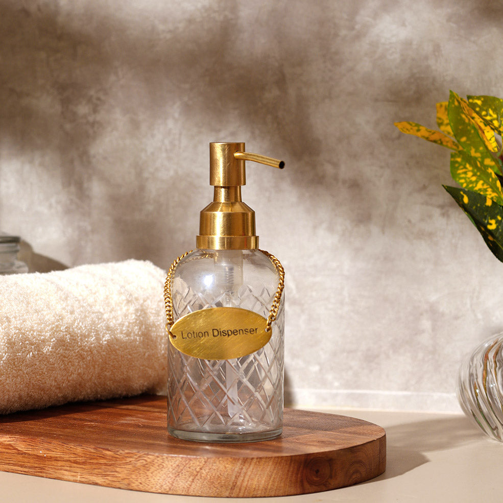 Checker Glass and Brass Lotion Dispenser - Clear Gold