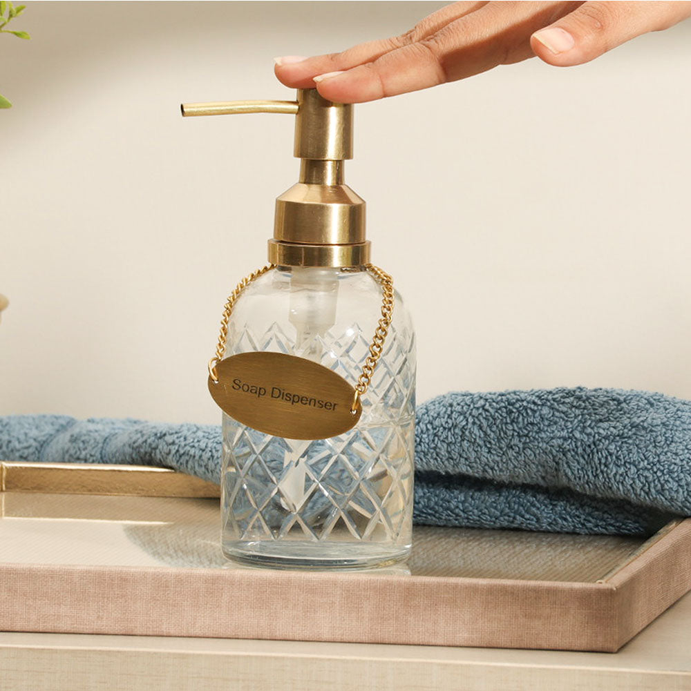Checker Glass and Brass Soap Dispenser - Clear Gold