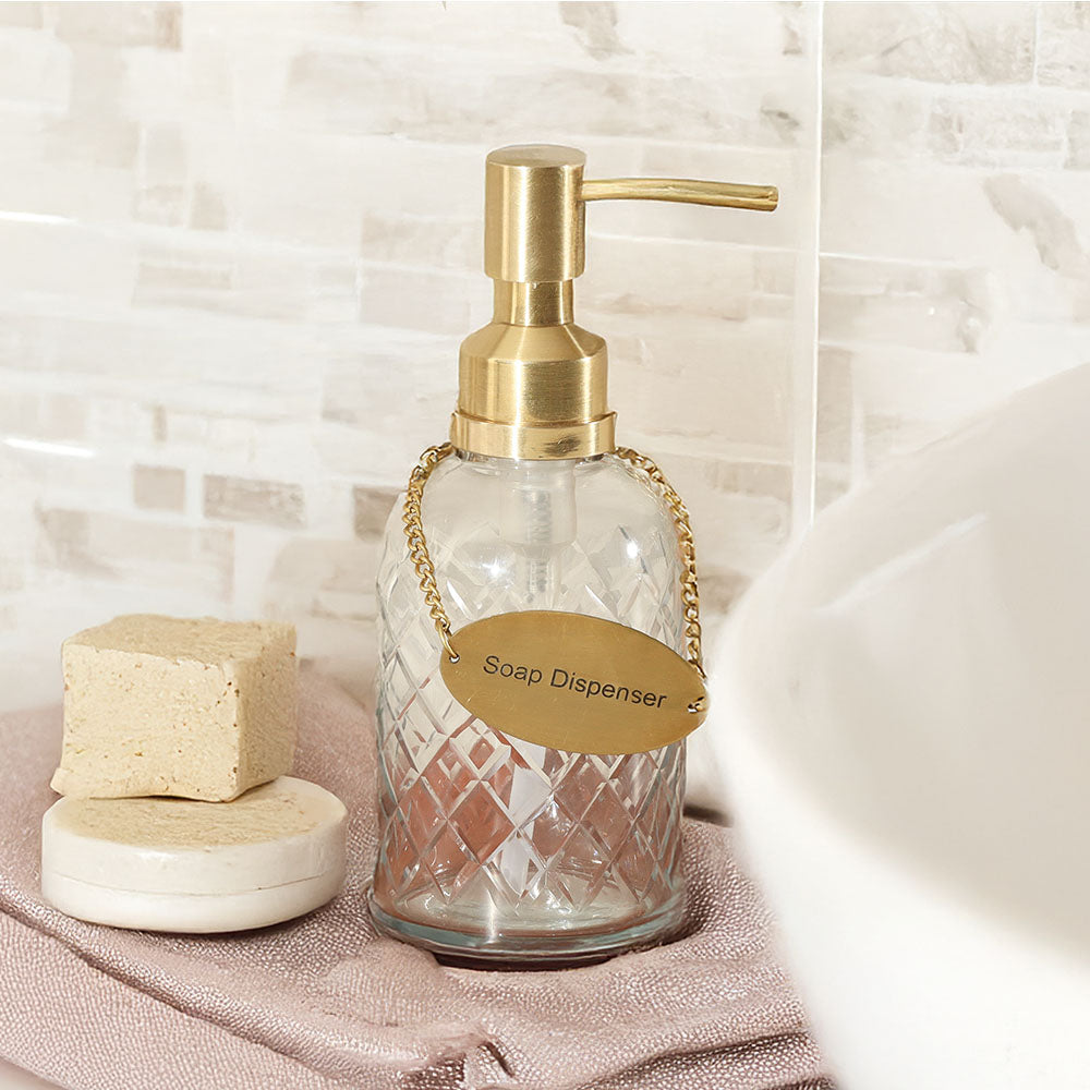 Checker Glass and Brass Soap Dispenser - Clear Gold