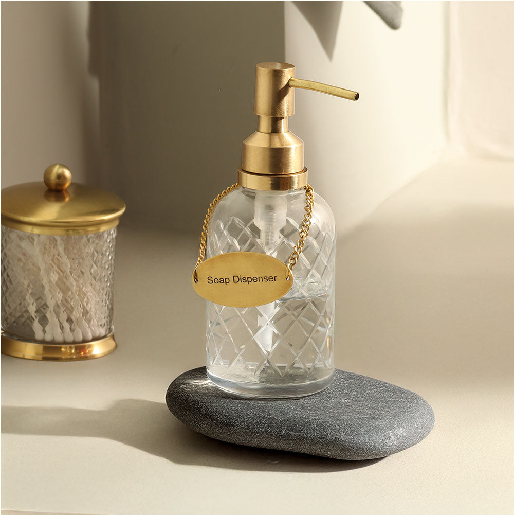 Checker Glass and Brass Soap Dispenser - Clear Gold