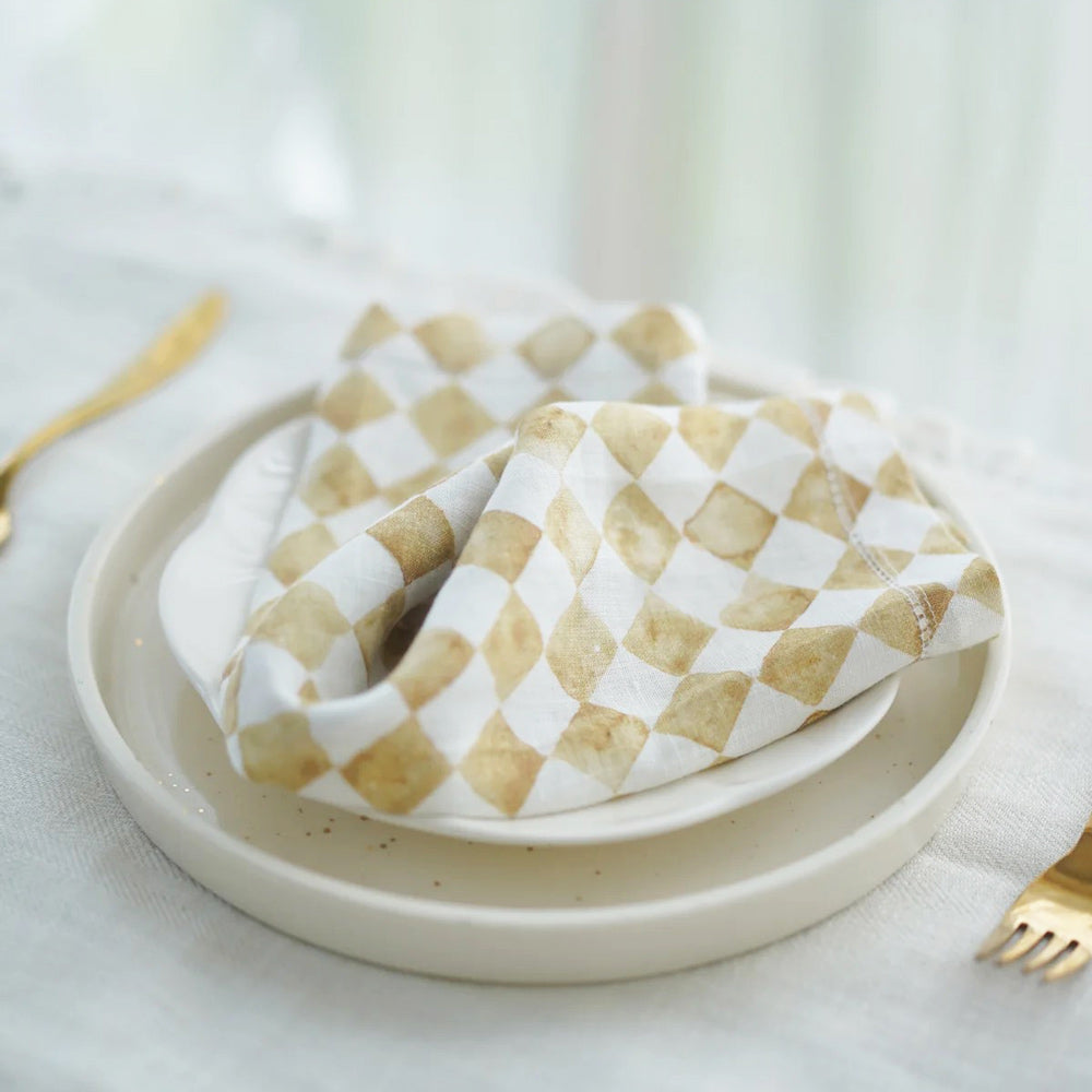 Checker Linen Table Napkins, Set of 2 - Ochre