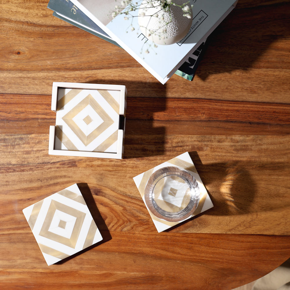 Chevre Square Resin Coasters, Set of 4 - Beige White