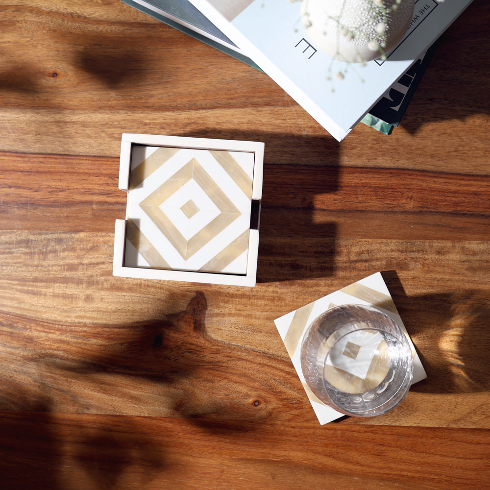 Chevre Square Resin Coasters, Set of 4 - Beige White