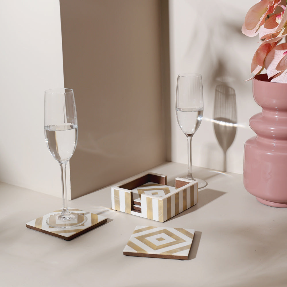 Chevre Square Resin Coasters, Set of 4 - Beige White