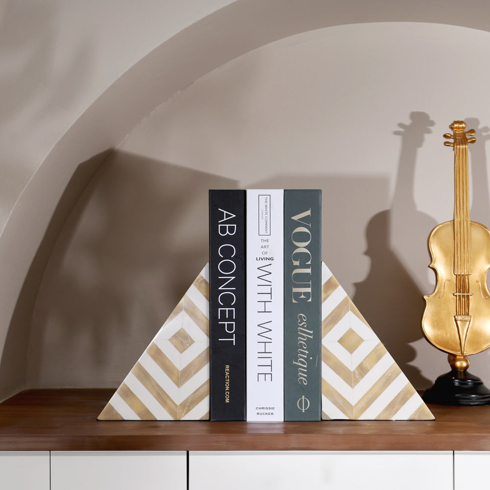 Chevre Triangular Resin Bookends, Set of 2 - Beige White