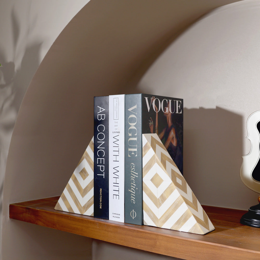 Chevre Triangular Resin Bookends, Set of 2 - Beige White