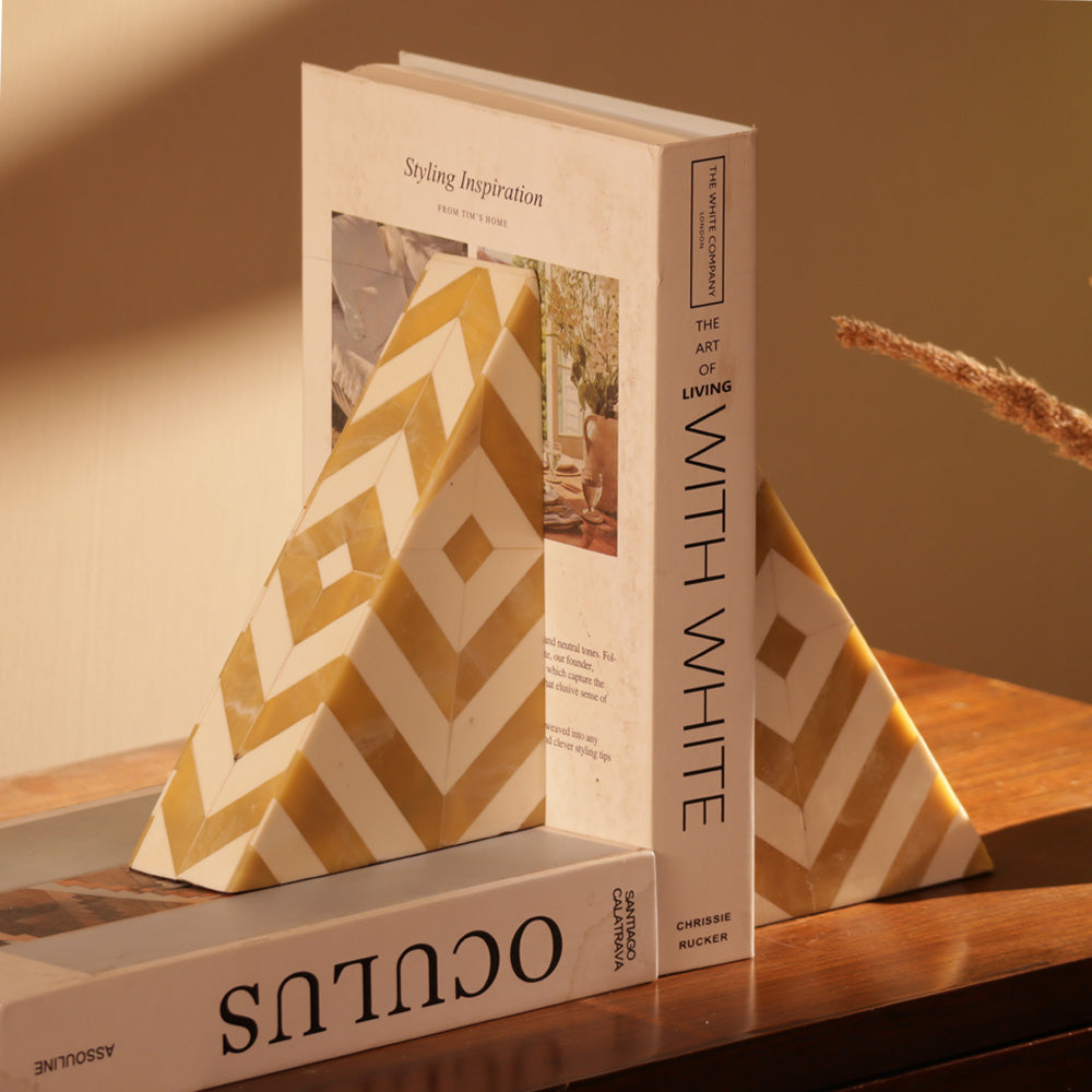 Chevre Triangular Resin Bookends, Set of 2 - Beige White