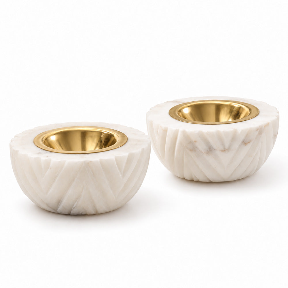 Chevron Marble & Brass Diyas Medium, Set of 2 - White Gold