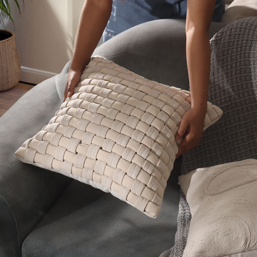 Macro Checkered Cotton Cushion Cover 45x45cm - Beige Cream