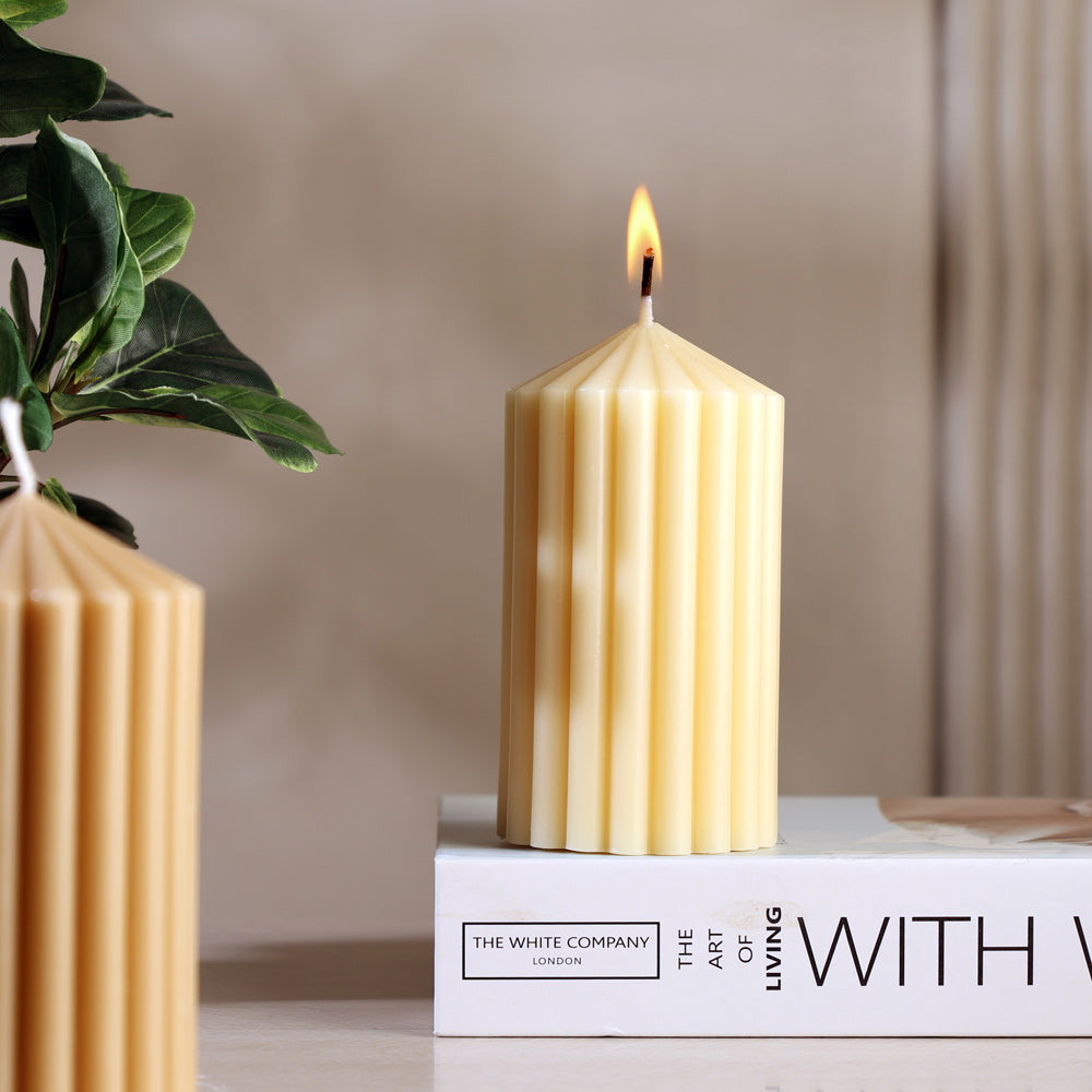 Cina Ribbed Tower Candle Medium - Cream