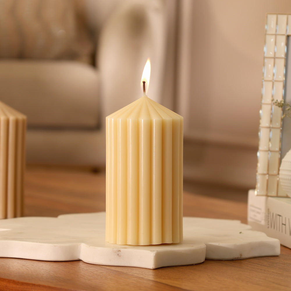 Cina Ribbed Tower Candle Medium - Cream