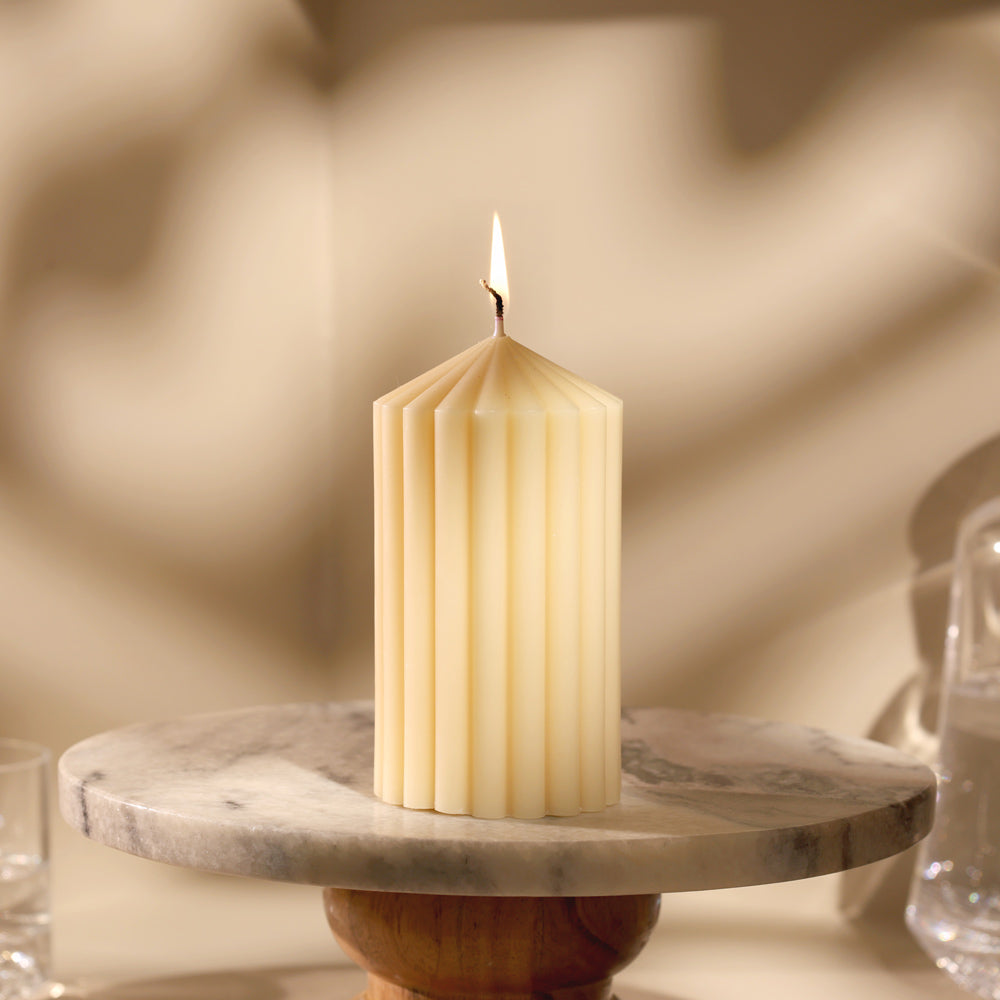 Cina Ribbed Tower Candle Medium - Cream