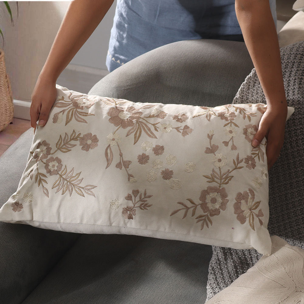 Cinqufoil Embroidered Cotton Rectangular Cushion Cover 40x60cm - Rust White
