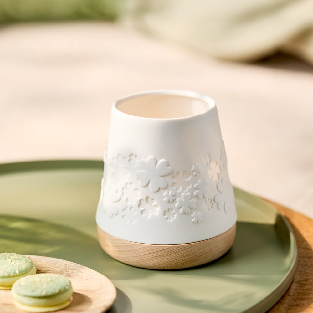 Embossed Porcelain Lantern with Wooden Base - Clover Leaves
