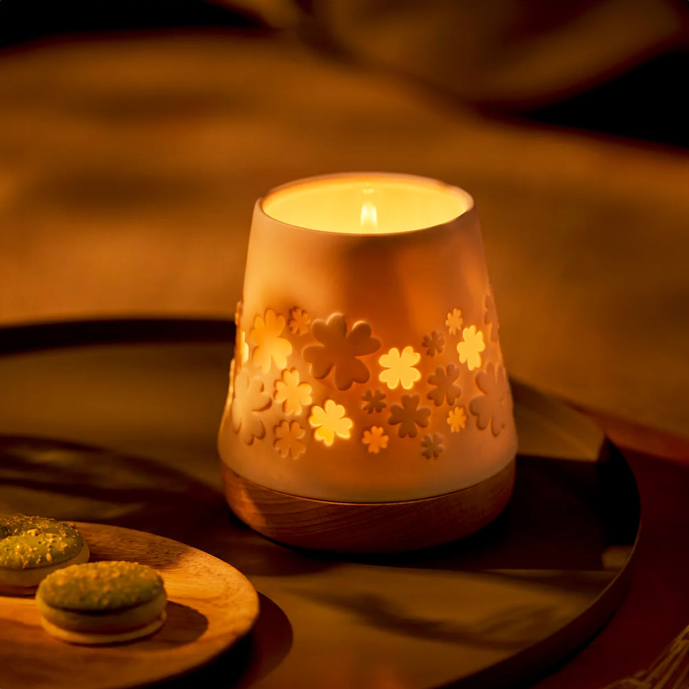 Embossed Porcelain Lantern with Wooden Base - Clover Leaves