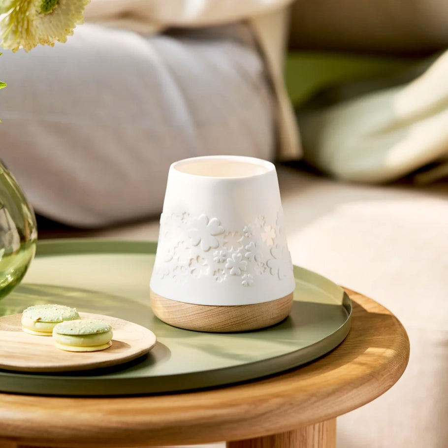 Embossed Porcelain Lantern with Wooden Base - Clover Leaves