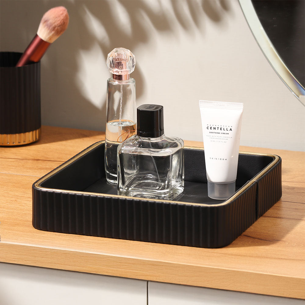 Columns Square Leather Valet Tray - Black