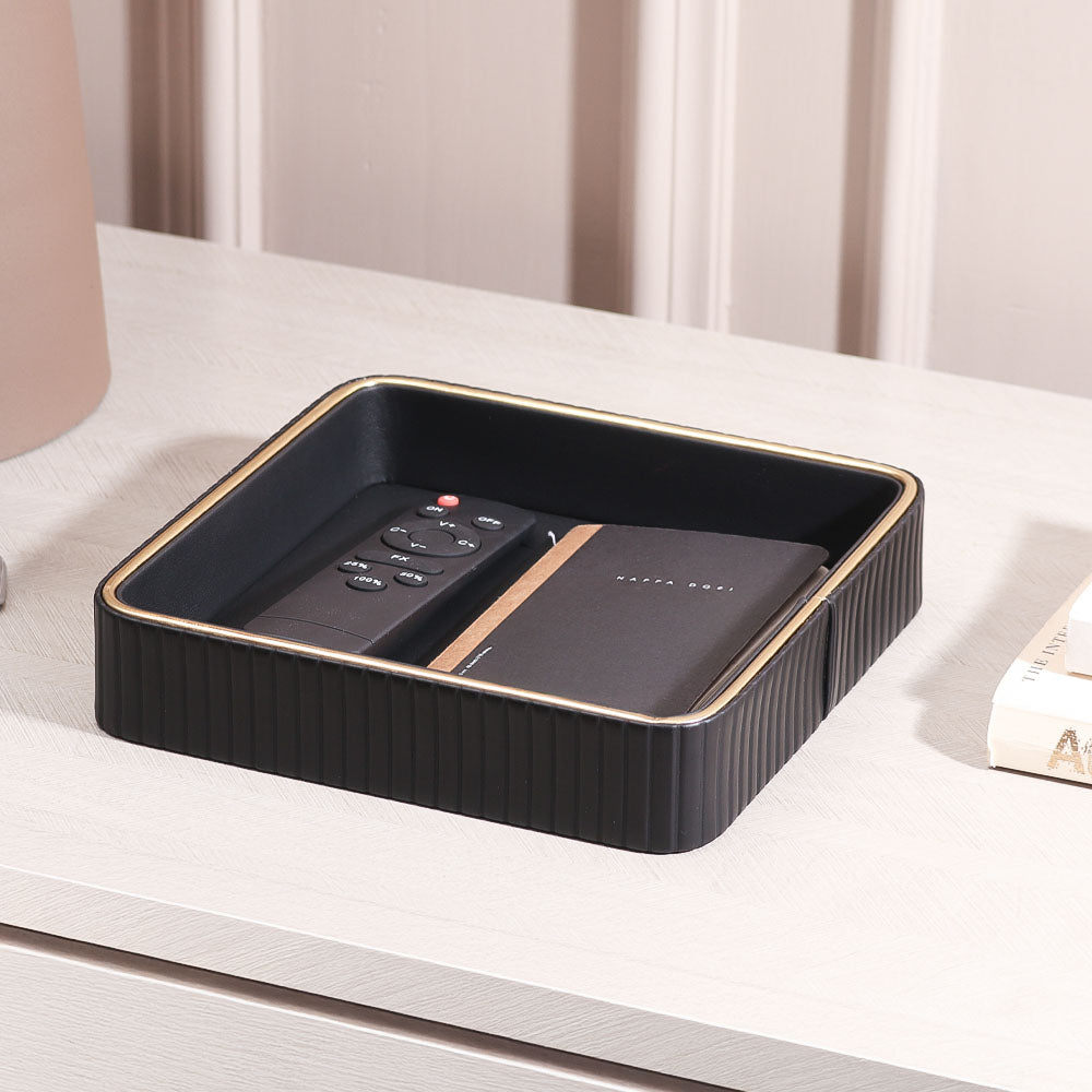 Columns Square Leather Valet Tray - Black