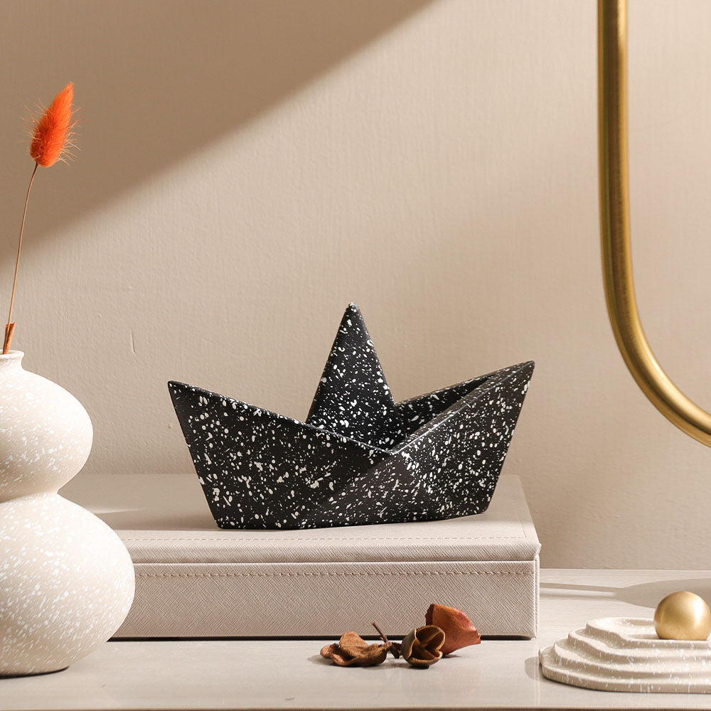 Concrete Boat Decorative Sculpture Large - Speckled Black