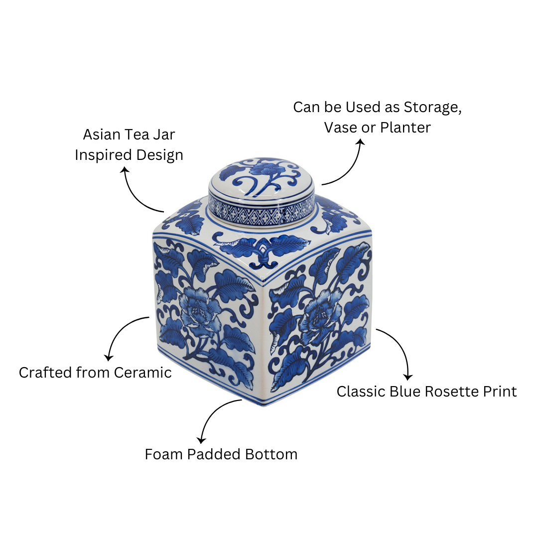 Chantilly Tea Jar With Lid Square - Blue Flowers