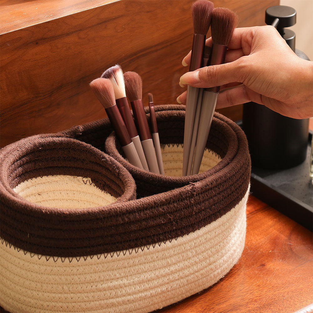 Cotton Round Storage Baskets, Set of 3 - Cream Walnut