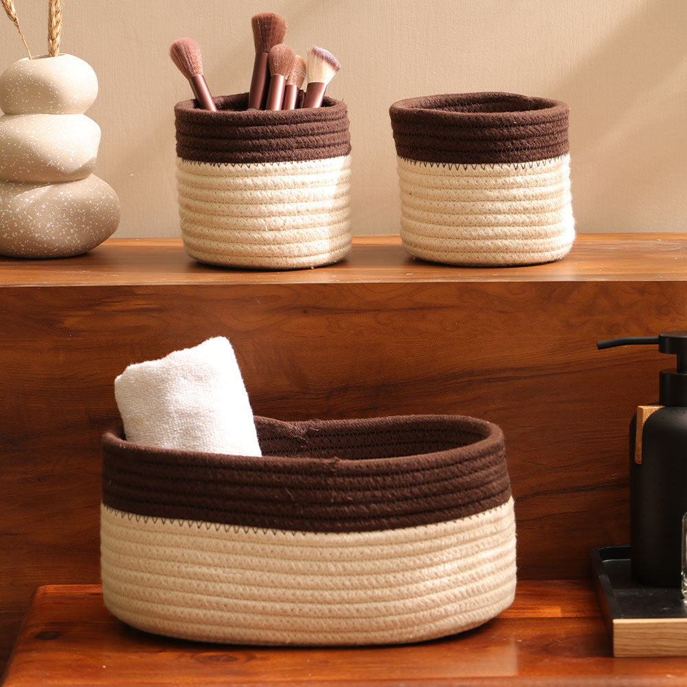Cotton Round Storage Baskets, Set of 3 - Cream Walnut