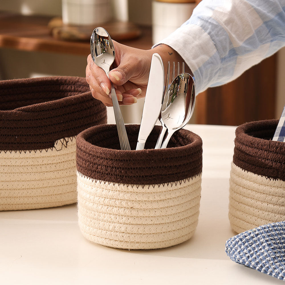 Cotton Round Storage Baskets, Set of 3 - Cream Walnut
