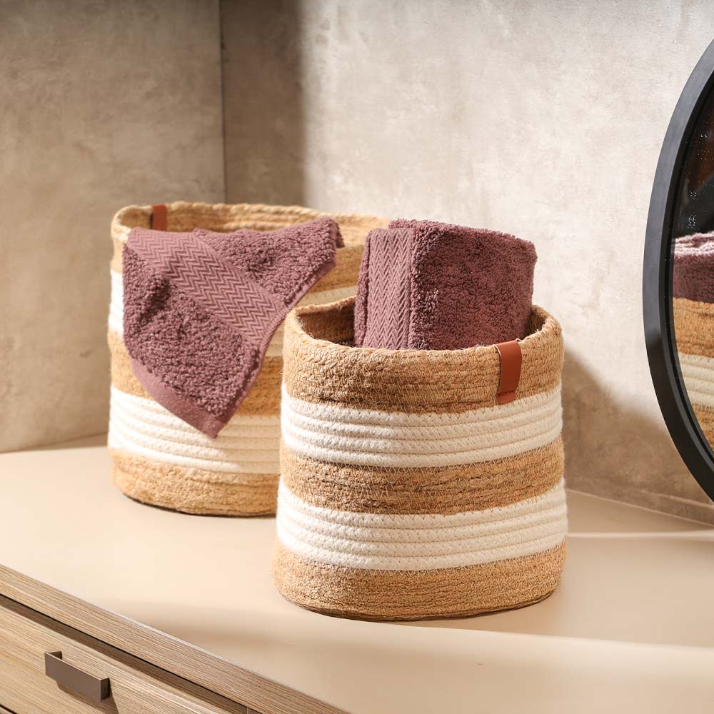 Cotton & Jute Barrel Planters, Set of 2 - Natural Cream