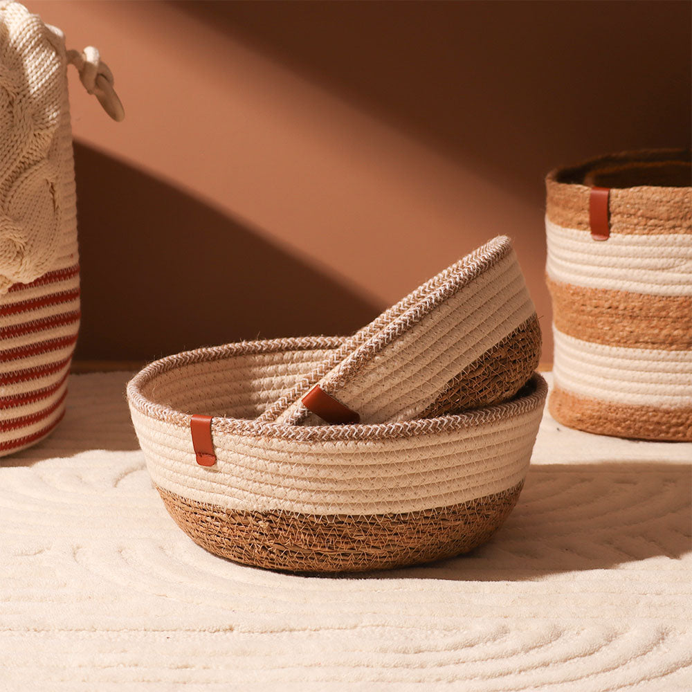 Cotton & Jute Round Storage Baskets, Set of 2 - Natural Cream