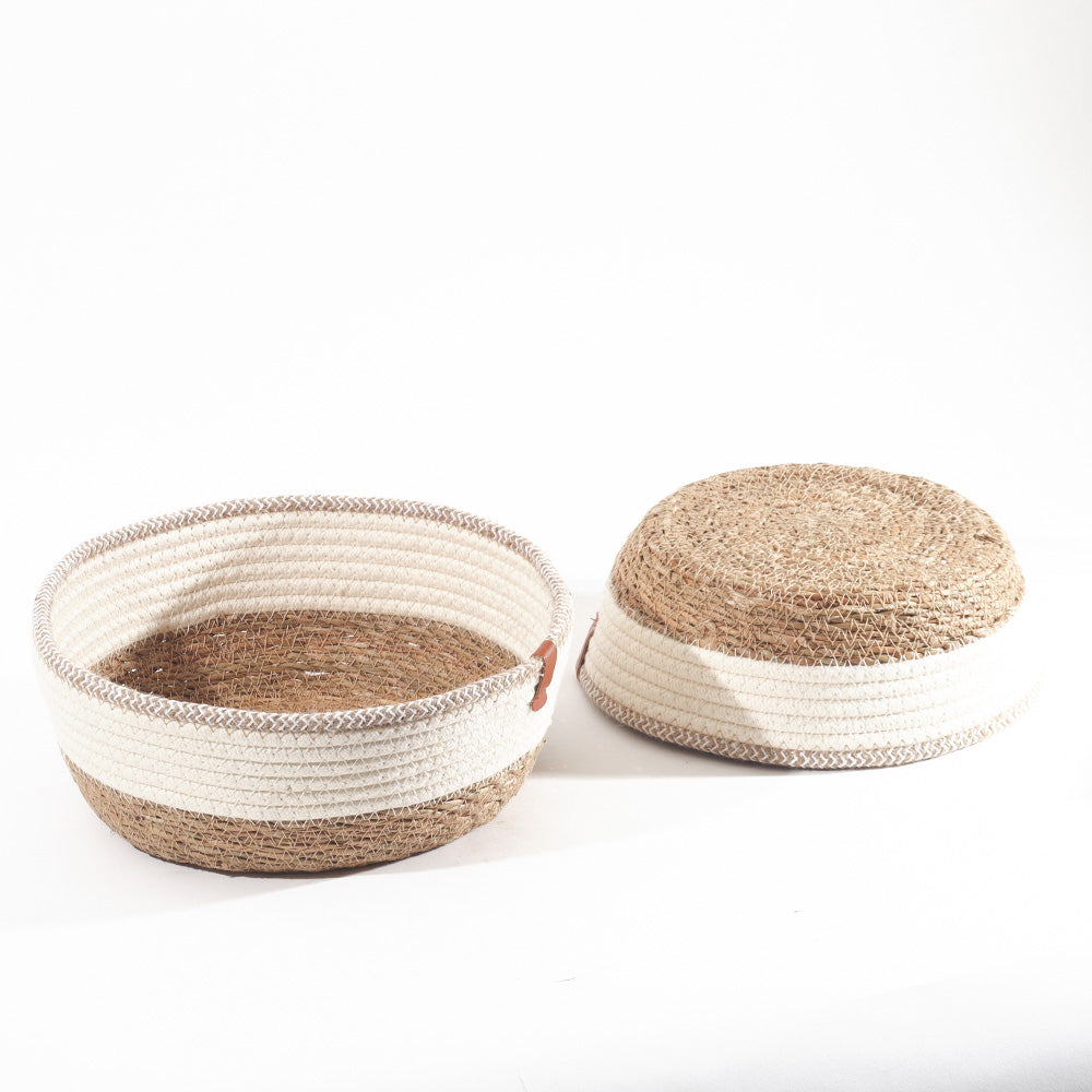 Cotton & Jute Round Storage Baskets, Set of 2 - Natural Cream