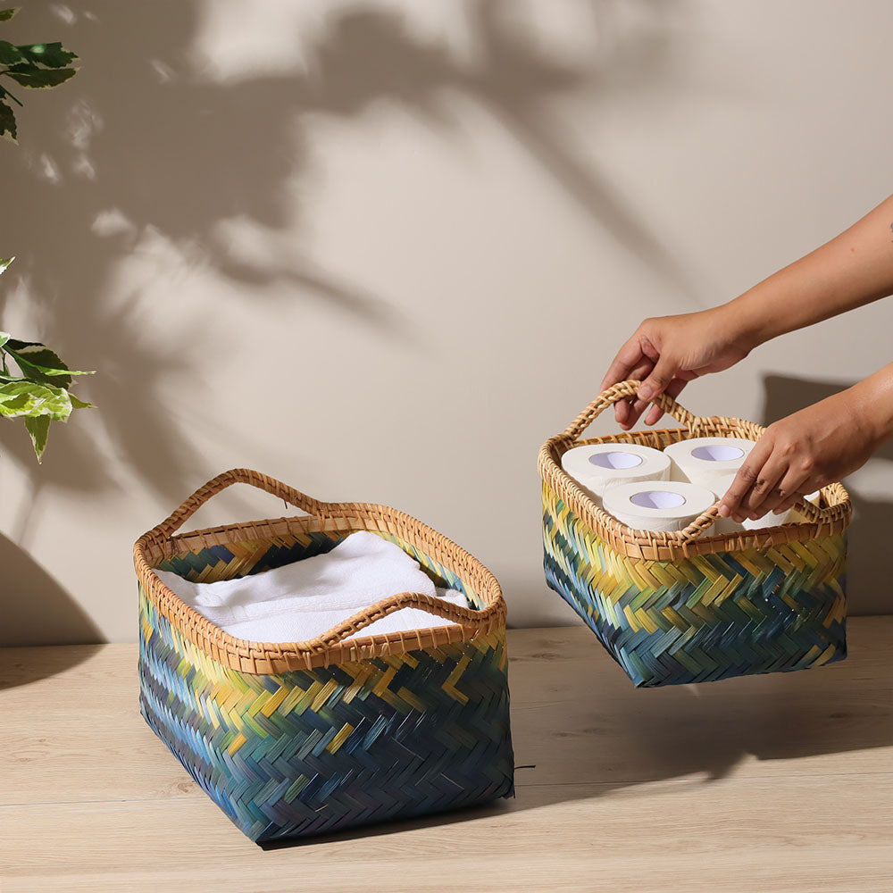 Crest Bamboo Storage Basket, Large - Blue Natural