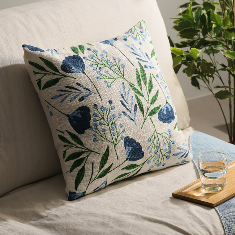 Crocus Printed Cotton Cushion Cover 45x45cm - Blue Green