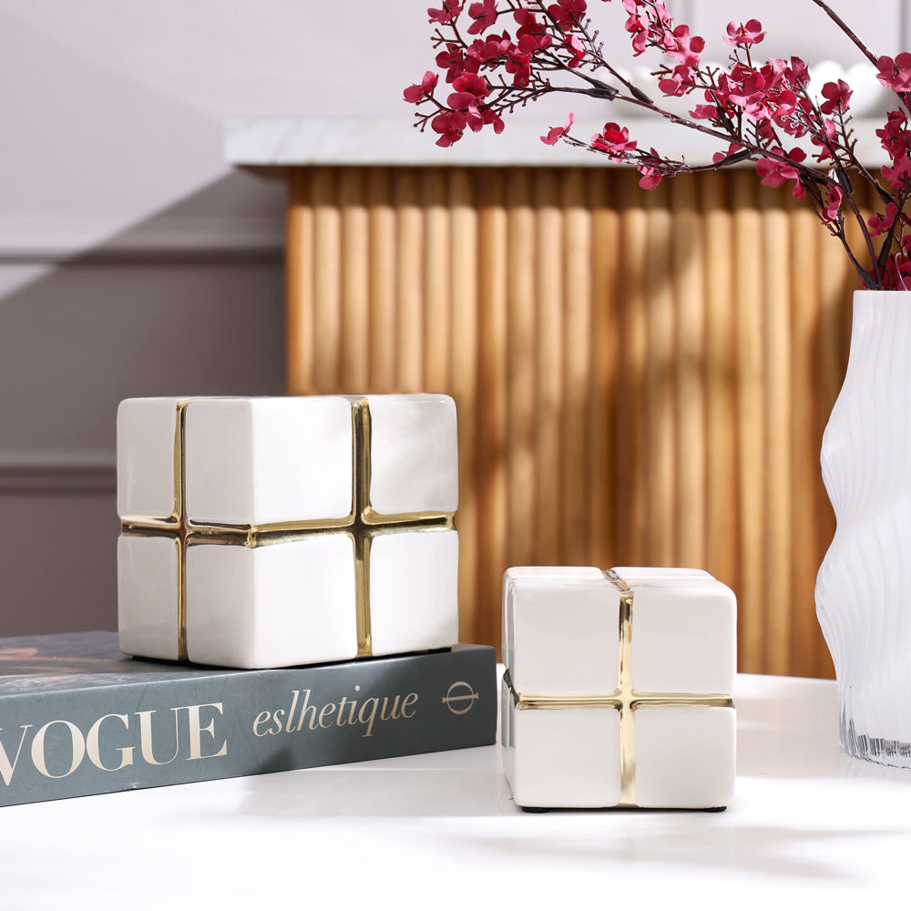 Cross Cube Decorative Sculpture Small - White Gold