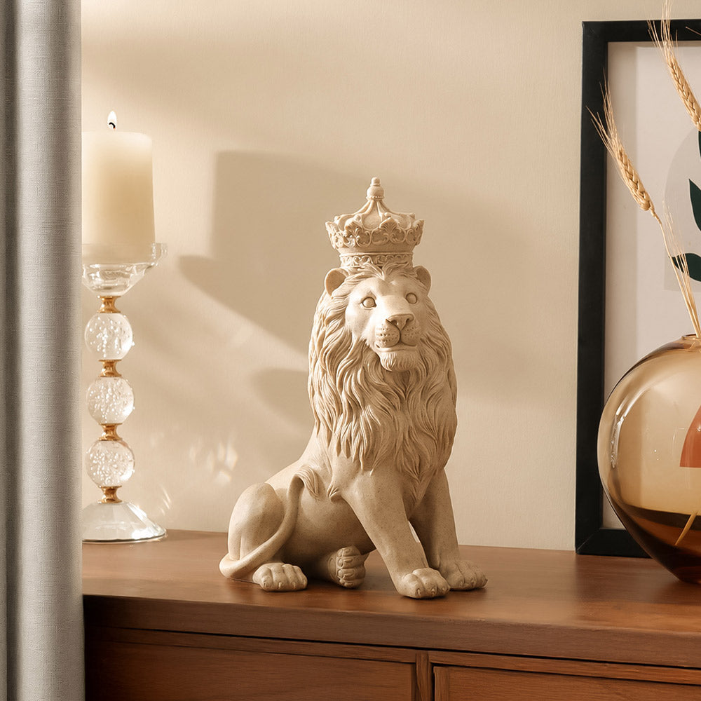 Crowned Lion Sculpture Medium - Speckled Beige