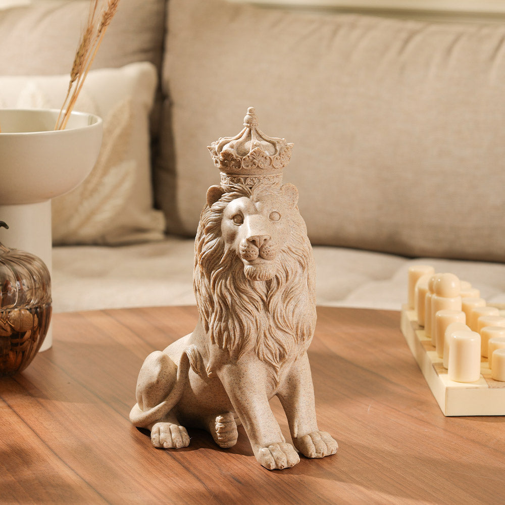 Crowned Lion Sculpture Medium - Speckled Beige