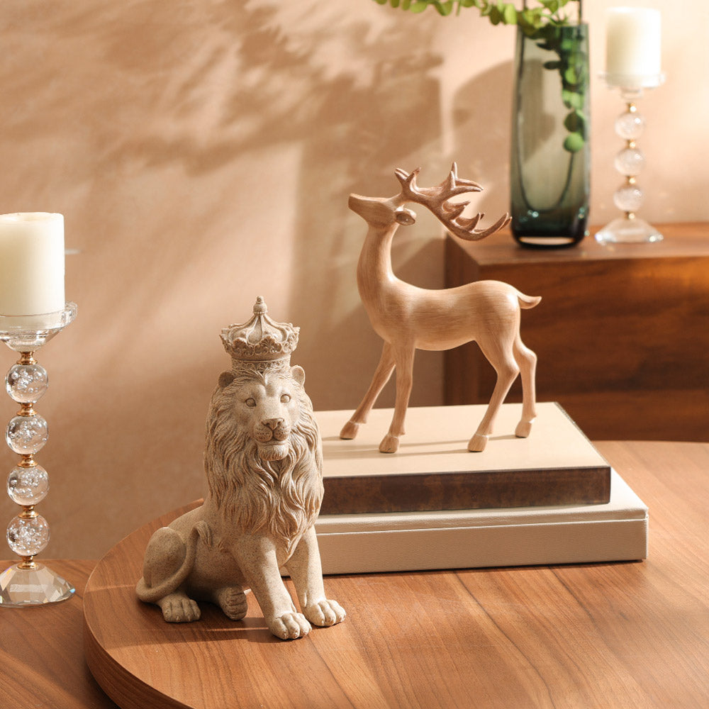 Crowned Lion Sculpture Medium - Speckled Beige
