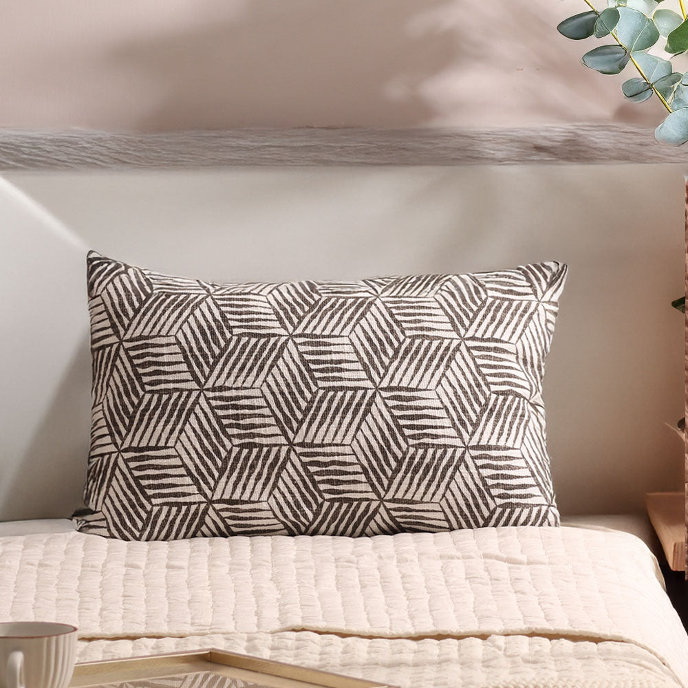 Cubes Rectangular Printed Cotton Cushion Cover 50x30cm - Grey White