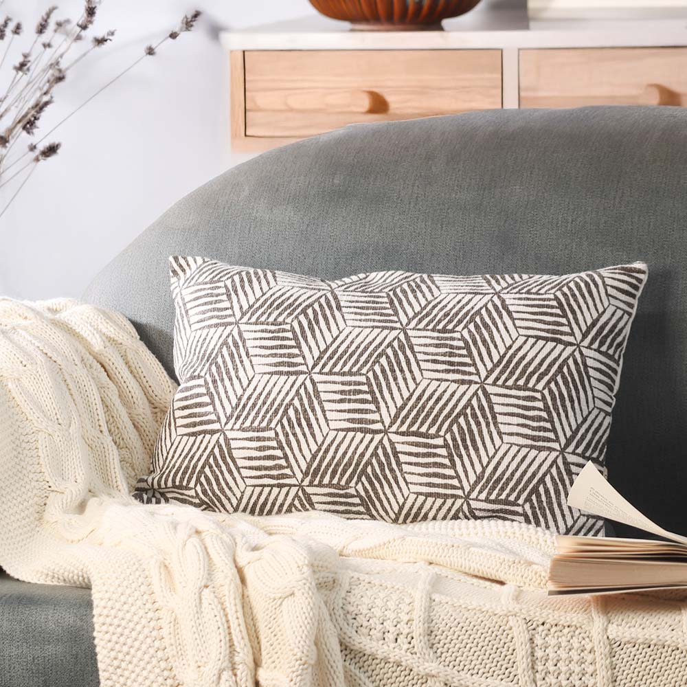 Cubes Rectangular Printed Cotton Cushion Cover 50x30cm - Grey White