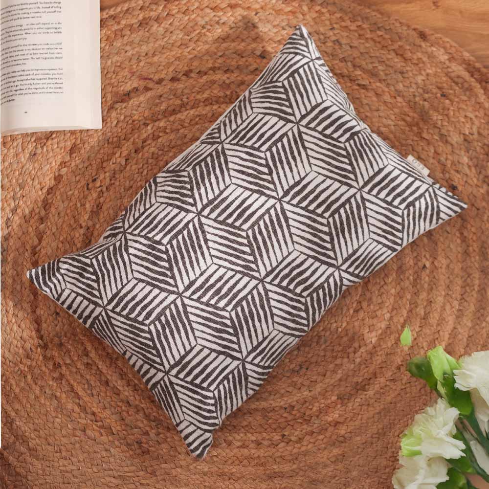 Cubes Rectangular Printed Cotton Cushion Cover 50x30cm - Grey White