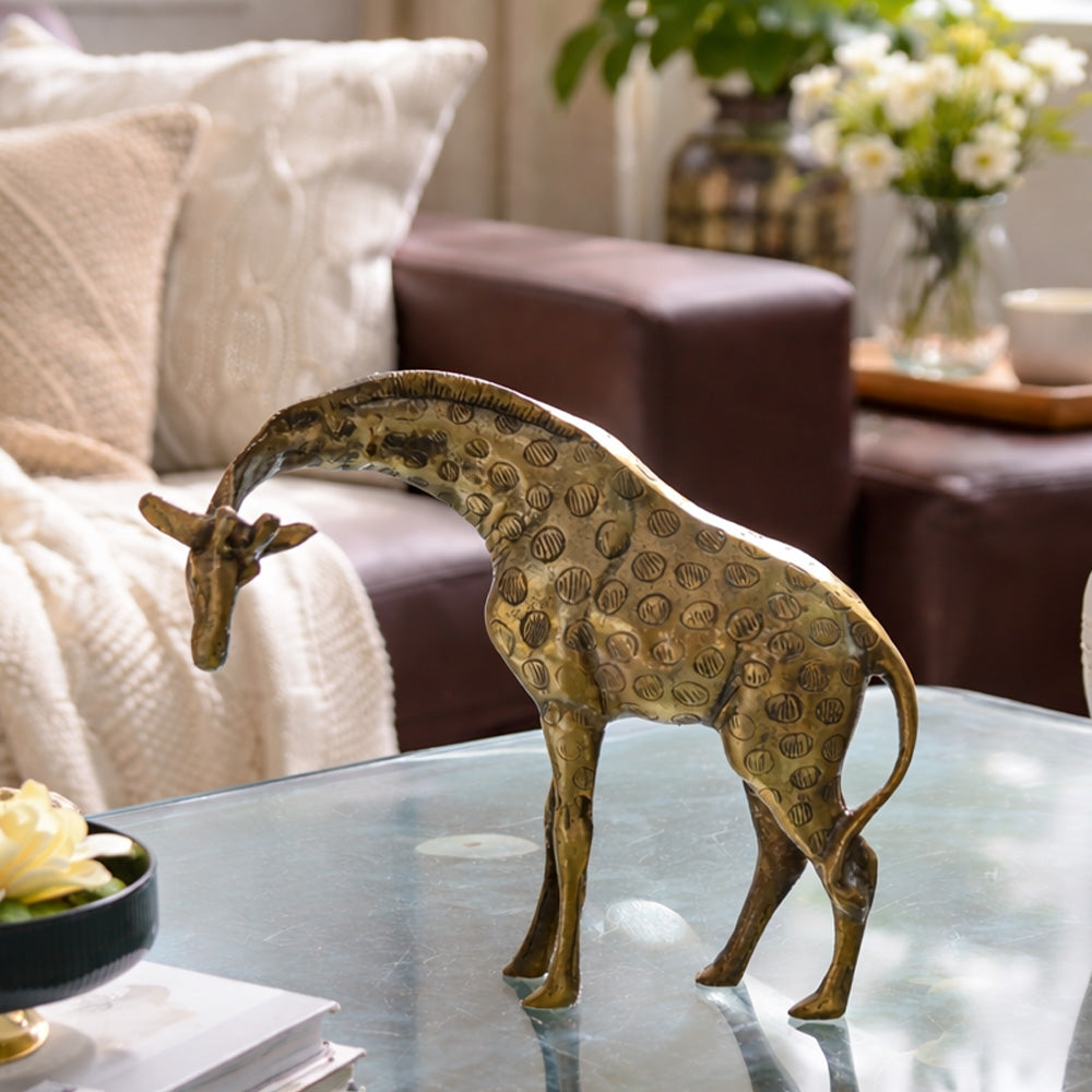 Curious Giraffe Metal Sculpture - Dull Gold
