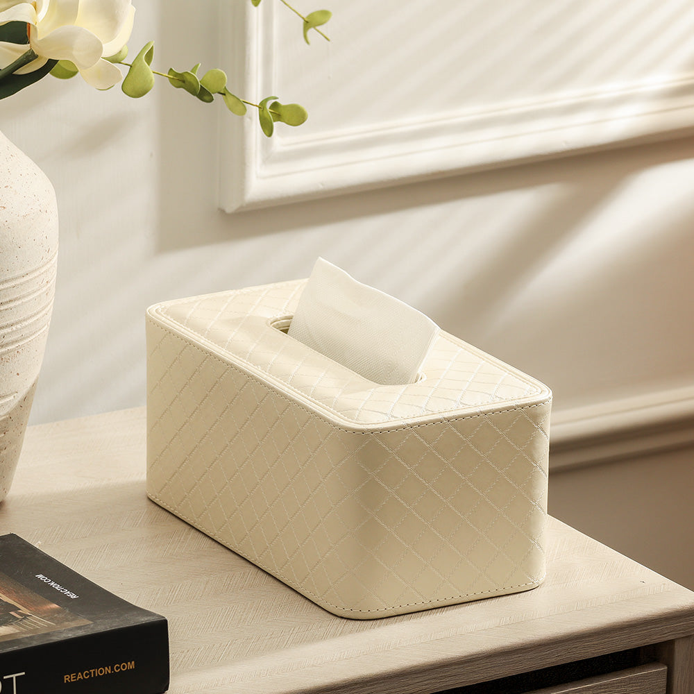Damas Quilted High Tissue Box Holder - Pearl Ivory