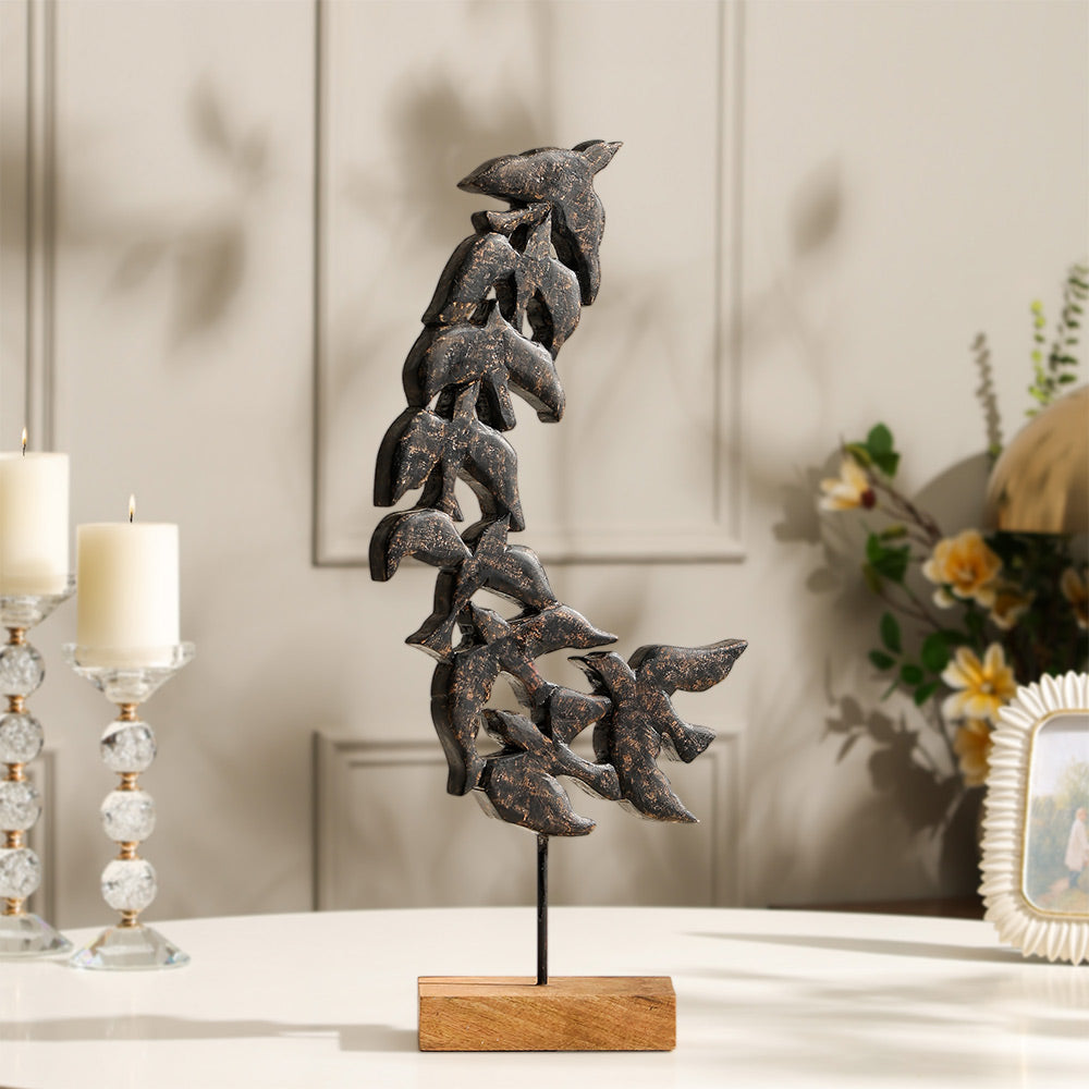 Dancing Starlings Wooden Sculpture Tall - Charcoal Natural