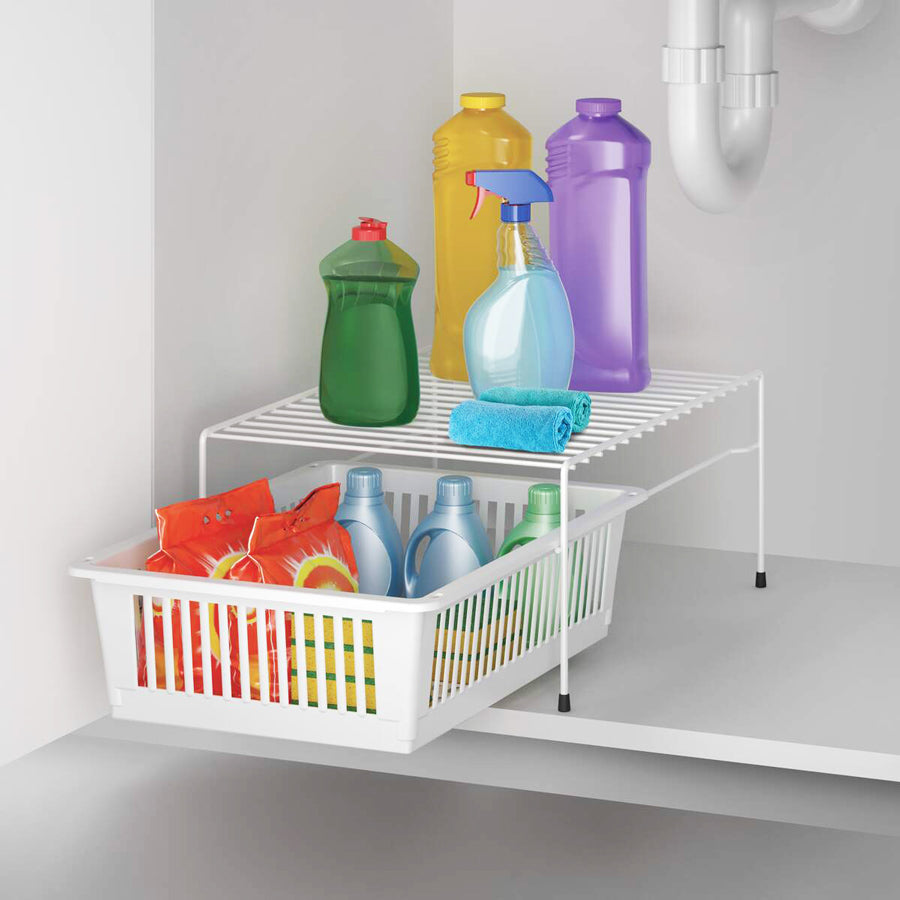 Dino Under Sink Rack with Sliding Basket - White