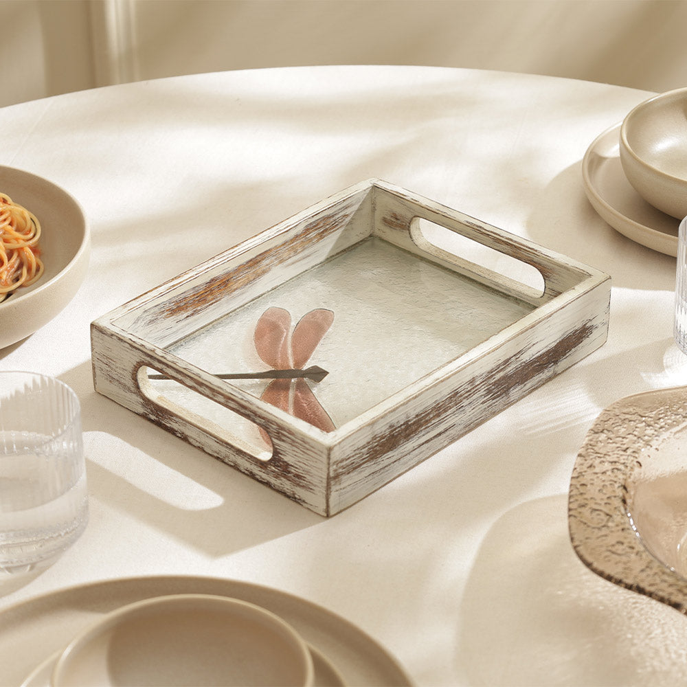 Dragonfly Glass & Wood Serving Tray Small - Earthy