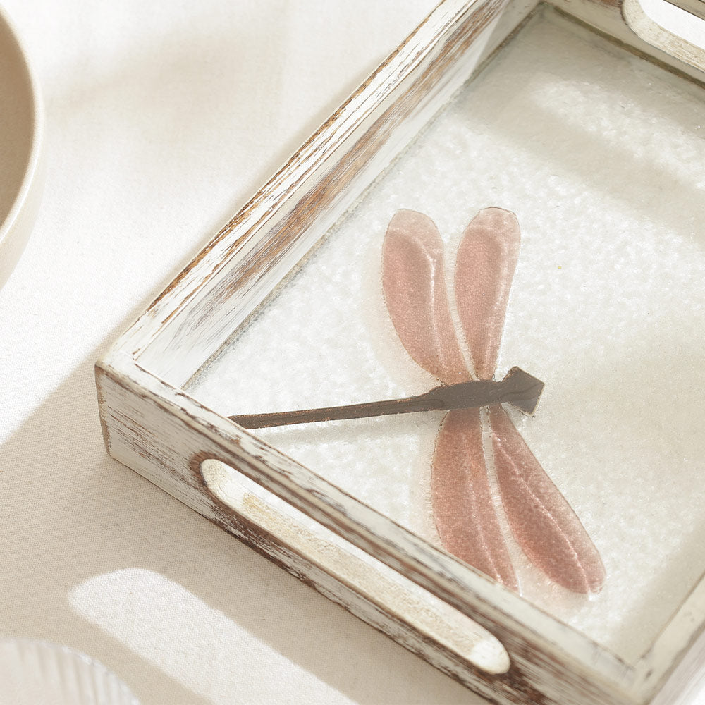 Dragonfly Glass & Wood Serving Tray Small - Earthy