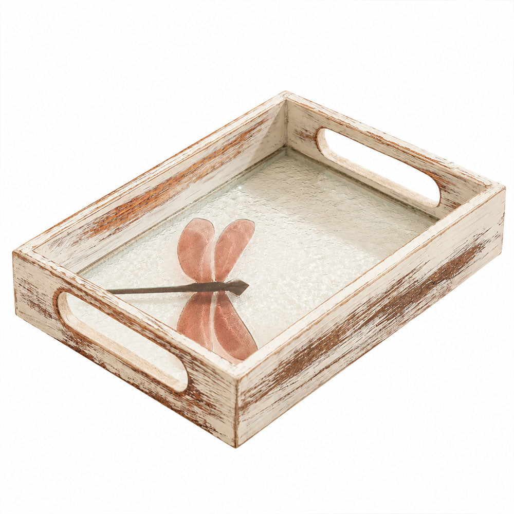 Dragonfly Glass & Wood Serving Tray Small - Earthy