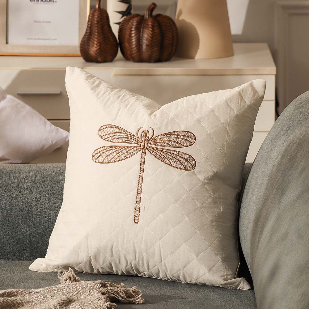 Dragonfly Embroidered & Quilted Cushion Cover - Gold White