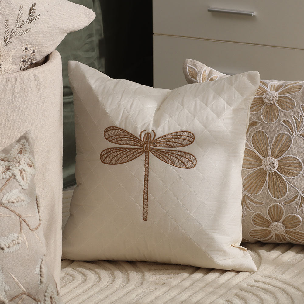 Dragonfly Embroidered & Quilted Cushion Cover - Gold White