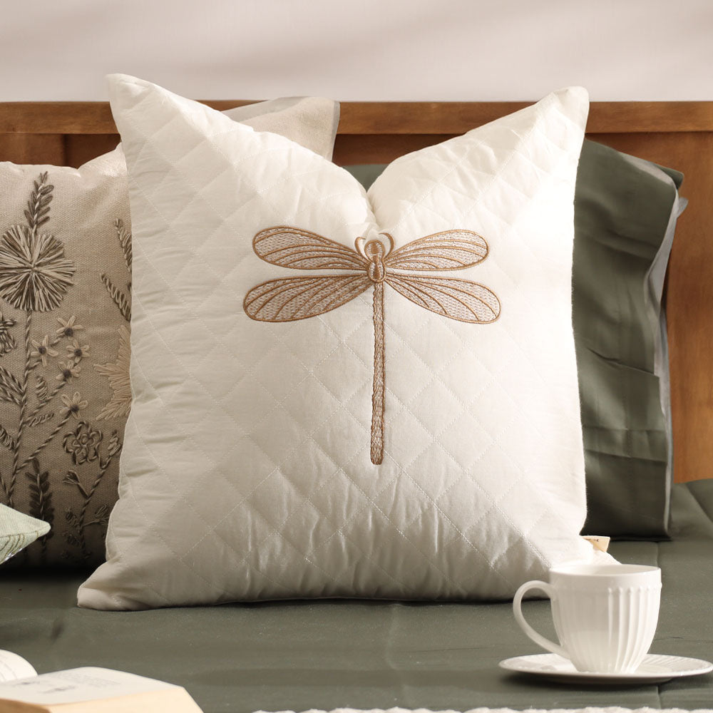Dragonfly Embroidered & Quilted Cushion Cover - Gold White